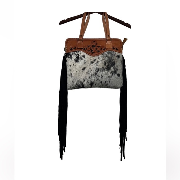 American Darling Black and White Cowhide Fringe Purse/Crossbody - Picture 1 of 6